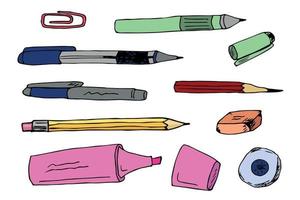 stylo vectoriel, crayon et jeu de clipart gomme. illustration de fournitures de bureau dessinées à la main vecteur