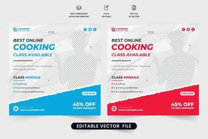 mise en page de l'affiche promotionnelle du centre de formation en cuisine avec des espaces réservés pour les photos. chef moderne formant vecteur de publication de médias sociaux pour le marketing. conception de bannière web de publicité de cours de cuisine en ligne.