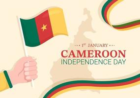joyeux jour de l'indépendance du cameroun le 1er janvier avec drapeau camerounais et vacances commémoratives en dessin animé plat illustration de modèles dessinés à la main vecteur