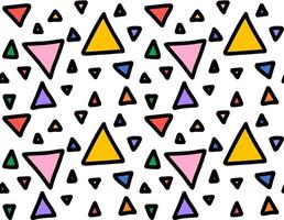 modèle sans couture avec des triangles de couleur arc-en-ciel sur fond blanc. illustration vectorielle festive drôle dans le style de la bande dessinée et du dessin à la main. figures de griffonnage colorées. toile de fond géométrique abstraite vecteur