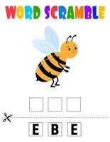 bousculade de mot d'abeille. jeu éducatif pour les enfants. feuille de travail d'orthographe en anglais pour les enfants d'âge préscolaire. vecteur