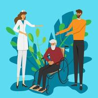 soins médicaux pour les parents âgés. grand-père est en fauteuil roulant. vecteur