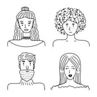 ensemble d'avatars de personnes pour les médias sociaux, site Web. doodle portraits filles et gars à la mode. collection d'icônes dessinées à la main à la mode. illustration vectorielle noir et blanc vecteur