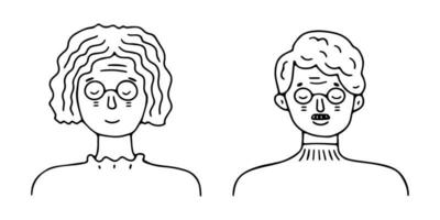 doodle vieille femme et homme avec portrait de lunettes. icône dessinée à la main à la mode. illustration vectorielle noir et blanc. émotions heureuses. portrait avec une expression faciale positive. croquis de griffonnage dessiné à la main vecteur