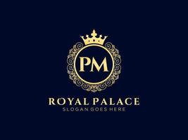 lettre pm logo victorien de luxe royal antique avec cadre ornemental. vecteur