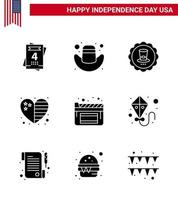 pack de glyphes solides de 9 symboles de la fête de l'indépendance des états-unis de films de cerf-volant signe drapeau de cinéma éléments de conception vectoriels modifiables de la journée des états-unis vecteur