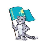 personnage de dessin animé vectoriel, mascotte, symbole, icône, logotype du léopard des neiges, irbis avec le drapeau du kazakhstan dans ses pattes. symbole, mascotte du kazakhstan vecteur