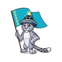 personnage de dessin animé vectoriel, mascotte, symbole, icône, logotype du léopard des neiges, irbis avec le drapeau du kazakhstan et le chapeau national kazakh. symbole, mascotte du kazakhstan vecteur