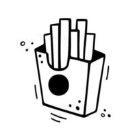 boîte de frites dessinée à la main. illustration de restauration rapide dans un style doodle. croquis d'une portion de pomme de terre frite. vecteur