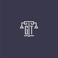 monogramme initial gt pour logo de cabinet d'avocats avec image vectorielle d'échelles vecteur