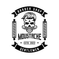 moustache de crâne avec symbole d'icône de logo de style de cheveux modèle vintage noir et blanc pour étiquettes, emblèmes, badges ou modèle de conception vecteur