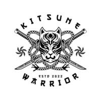 kitsune croix samouraï shuriken tête logo de loup japonais en illustration vectorielle de style vintage noir et blanc vecteur