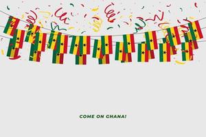 drapeau de guirlande du ghana avec des confettis sur fond blanc, accrocher des banderoles pour la bannière de modèle de célébration du ghana. vecteur