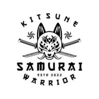 kitsune et croix katana samouraï shuriken tête logo de loup japonais en illustration vectorielle de style vintage noir et blanc vecteur