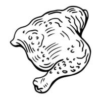 cuisse de poulet. viande juteuse avec des coupes. esquisser. illustration vectorielle. livre de coloriage pour enfants. cuisse de poulet prête pour la friture. contour sur fond isolé. style de griffonnage. idée pour la conception de sites Web. vecteur