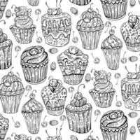 modèle vectoriel avec des cupcakes sucrés dessinés à la main sur fond blanc