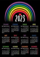 calendrier 2023 avec symbole lgbtq avec arc-en-ciel. couleurs arc-en-ciel du drapeau lgbt. illustration vectorielle. modèle vertical pendant 12 mois en anglais sur fond noir. la semaine commence le lundi vecteur