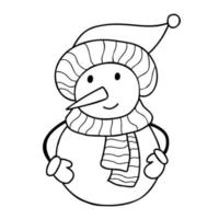 mignon bonhomme de neige avec bonnet et écharpe tricotés. doodle vectoriel linéaire dessiné à la main. mignon personnage de neige de conte de fées de dessin animé d'hiver pour la décoration et les cartes de nouvel an, coloriser l'image.