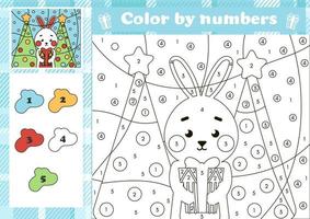 page de coloriage numéro de noël pour les enfants avec personnage de lapin et sapin de noël vecteur