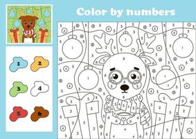 page de coloriage de numéro de noël pour les enfants avec un joli personnage de cerf et des ornements vecteur