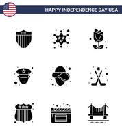 joyeux jour de l'indépendance usa pack de 9 glyphes solides créatifs de chapeau usa fleur policier modifiable usa day vector design elements