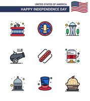 joyeux jour de l'indépendance 4 juillet ensemble de 9 lignes remplies à plat pictogramme américain de hot-dog amérique point de repère mortier canon modifiable usa day vector design elements