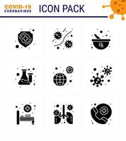 ensemble d'icônes covid19 pour l'infographie 9 pack noir de glyphes solides tels que le flacon de virus de laboratoire de test préparant des éléments de conception de vecteur de maladie virale coronavirus 2019nov