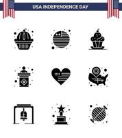 gros pack de 9 usa joyeux jour de l'indépendance usa vecteur glyphes solides et symboles modifiables de l'amour signe dessert étape usa modifiable usa day vector design elements