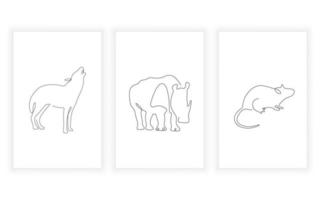 ensemble d'art animalier à une seule ligne, ligne continue. pour la conception de logo et le rhinocéros et le rat imprimables de loup vecteur