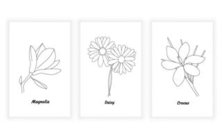 illustration de dessin d'art de ligne de fleur de minimalisme moderne de vecteur. magnolia, marguerite, crocus vecteur