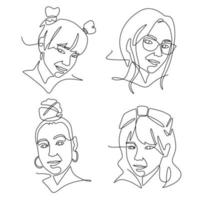 visages de femmes élégantes dans un style d'art en ligne avec des fleurs. dessin au trait continu minimaliste. visage de portrait féminin. vecteur