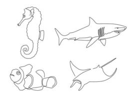 ensemble de dessin au trait animal marin sur fond blanc. hippocampe, requin, poisson clown, raie vecteur