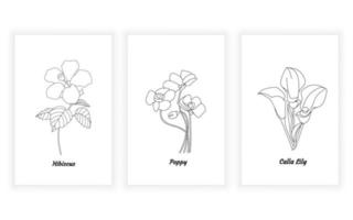 ensemble de dessins au trait de fleurs et de plantes, ligne continue. pour la conception de logos. hibiscus, coquelicot, lis calla vecteur