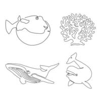 dessin au trait sealife et collection d'éléments de concept d'animal marin dessin au trait et illustration vectorielle de ligne continue vecteur