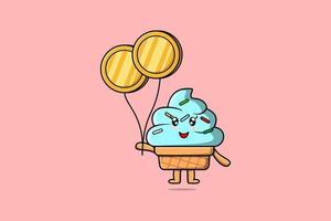 glace de dessin animé mignon flottant avec une pièce d'or vecteur