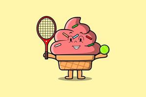 personnage de dessin animé mignon de crème glacée jouer au tennis vecteur