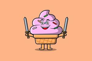 personnage de dessin animé mignon de crème glacée tenant deux épées vecteur
