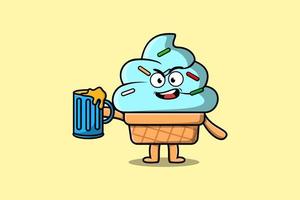 personnage de dessin animé mignon de crème glacée avec verre à bière vecteur