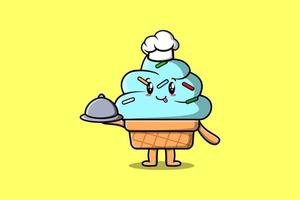 mignon dessin animé chef glace servant de la nourriture sur un plateau vecteur