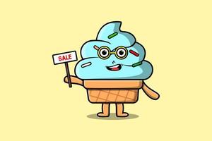 personnage de dessin animé mignon de crème glacée tenant une pancarte de vente vecteur