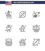 groupe de 9 lignes définies pour le jour de l'indépendance des états-unis d'amérique tels que l'armée de cactus végétal cuisinier barbecue modifiable usa day vector design elements