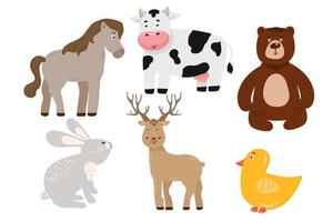 personnages des bois. animaux mignons de dessin animé pour cartes de bébé. cheval, ours, cerf, poulet, vache, lièvre vecteur