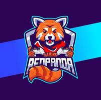 création de logo esport de personnage de mascotte mignon panda rouge avec bâton de jeu pour le logo de jeu vecteur