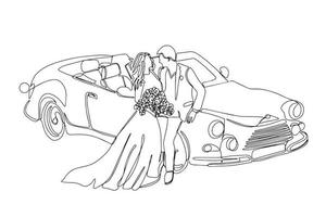 un dessin linéaire continu de couples qui s'aiment se marient. les jeunes mariés se tiennent près d'une voiture décapotable. un élément pour les invitations de mariage, mis en évidence sur un fond blanc. vecteur