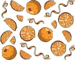 ensemble de frais entiers, moitié, tranches coupées et feuilles de fruits orange isolés vecteur