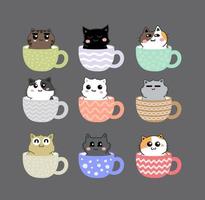 chat mignon sur le jeu de personnages de dessin animé de tasse de thé vecteur