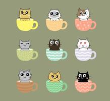 chat mignon sur le jeu de personnages de dessin animé de tasse de thé vecteur