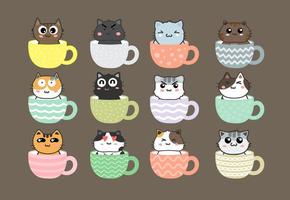 chat mignon sur le jeu de personnages de dessin animé de tasse de thé vecteur