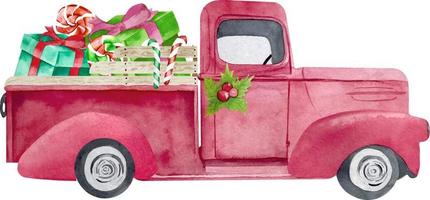 camion de noël rouge aquarelle avec sapin et coffrets cadeaux. vecteur