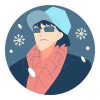 portrait de personnage d'avatar d'hiver. bel homme portant des lunettes, un chapeau et une écharpe. illustration vectorielle de dessin animé coloré. vêtements chauds de mode moderne. chute de neige. icône de neige. vecteur